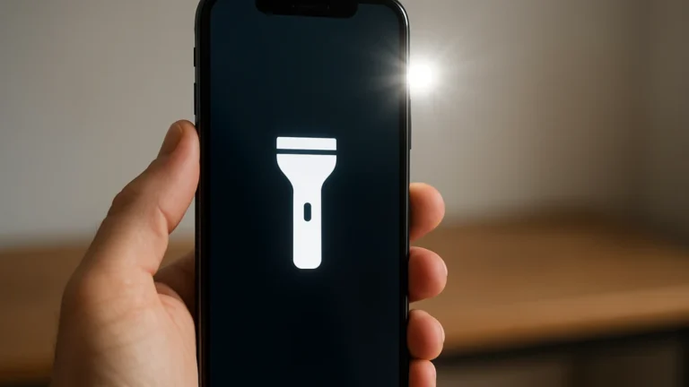 Main tenant un iPhone avec la torche activée, gros plan réaliste illustrant l’activation de la lampe via Centre de contrôle, écran verrouillé ou Siri