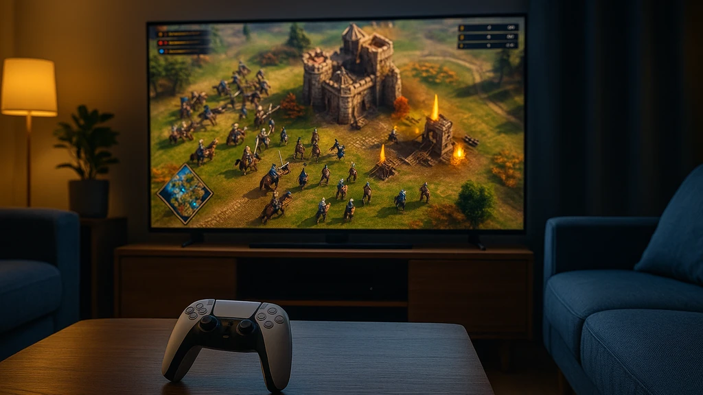 Salon cosy avec manette style DualSense sur table basse et TV affichant une bataille médiévale — mise en scène évoquant Age of Empires sur PlayStation 5.