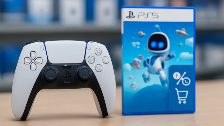 Astro Bot sur PS5 : visuel comparatif prix avec manette et boîte du jeu en rayon, contexte d’achat Standard vs Édition Deluxe et distinction avec la manette édition limitée.