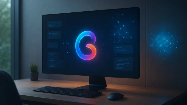 Interface d’IA Google Gemini sur un écran d’ordinateur dans un bureau moderne lumineux, illustrant l’évolution de Bard AI vers Gemini en 2025.