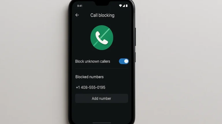 Smartphone Android en gros plan affichant un écran de blocage d’appels, illustrant l’absence d’app Begone officielle et les alternatives natives pour filtrer les spams.