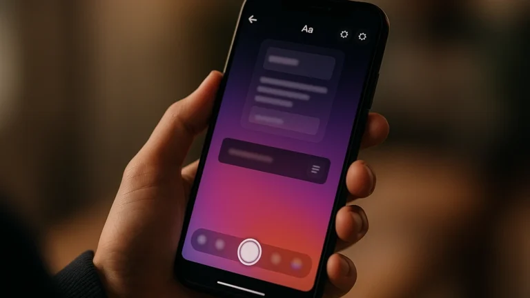 Belle écriture sur Instagram : main tenant un smartphone avec l’éditeur de Stories ouvert, interface floutée symbolisant la personnalisation du texte