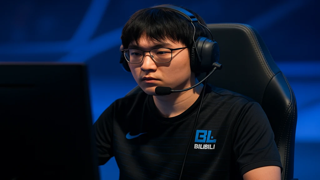 Bin — toplaner de Bilibili Gaming (LPL), illustration e-sport ambiance d'arène