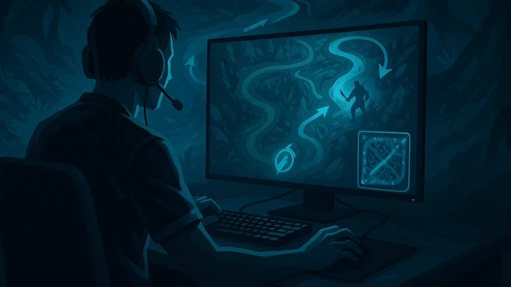 Canyon jungler LCK — illustration réaliste d’un joueur e-sport concentré devant un écran affichant la carte jungle de League of Legends, ambiance bleutée immersive pour article biographique et palmarès Dplus KIA.