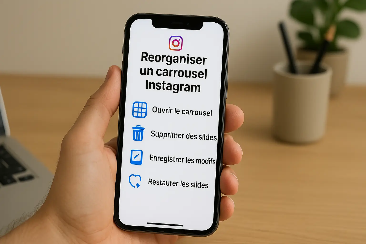 Main tenant un smartphone affichant les étapes pour réorganiser un carrousel Instagram en supprimant puis restaurant les slides