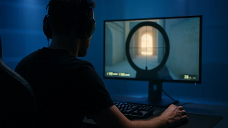 Réglages CS2 de chopper (Team Spirit) – IGL concentré devant son setup, crosshair à l’écran, ambiance bleutée moderne, image illustrative pour sensibilité, crosshair et vidéo