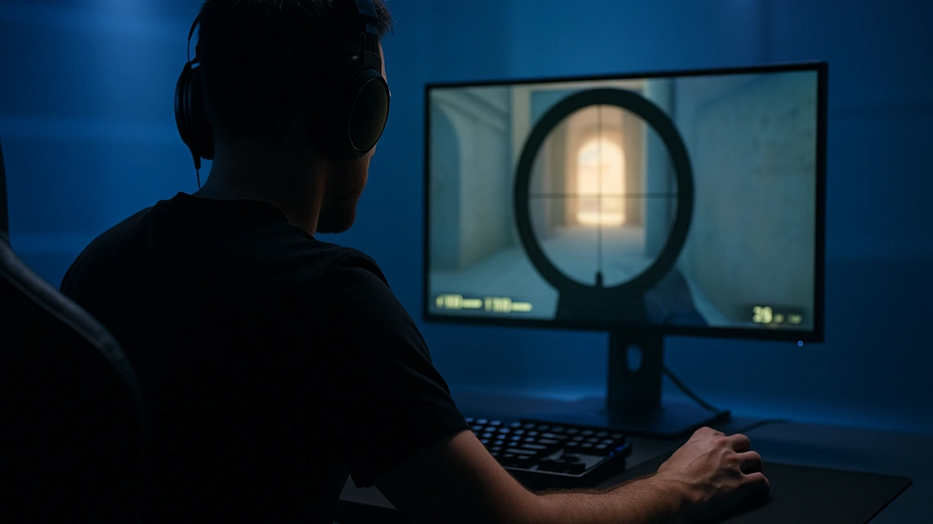 Réglages CS2 de chopper (Team Spirit) – IGL concentré devant son setup, crosshair à l’écran, ambiance bleutée moderne, image illustrative pour sensibilité, crosshair et vidéo