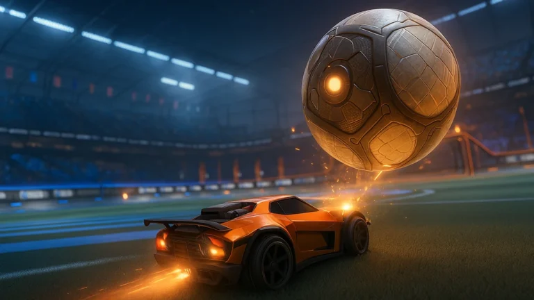 Voiture Rocket League frappant une balle lumineuse sur pelouse, dans un stade futuriste à l’éclairage bleu-orange.