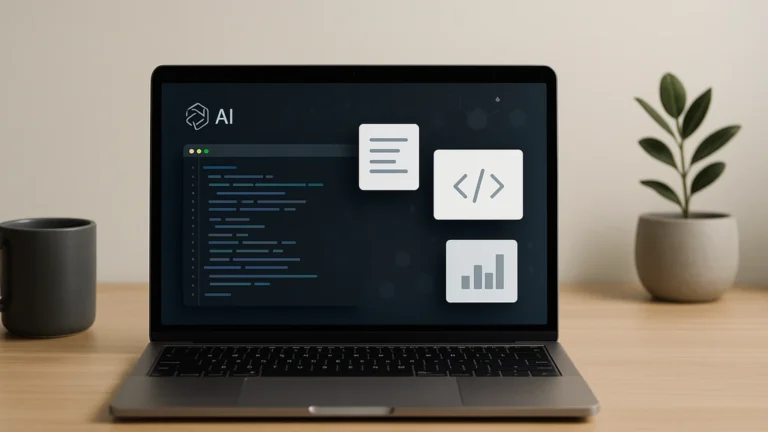Ordinateur portable affichant une interface d’IA avec code, document et graphique, illustrant les usages de Claude d’Anthropic en 2025 (rédaction, code, analyse, Artifacts)