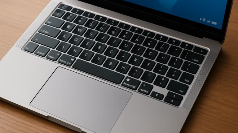 Clavier QWERTY sur MacBook : gros plan réaliste du clavier et trackpad, éclairage neutre, idéal pour guide bascule AZERTY→QWERTY, ANSI vs ISO.