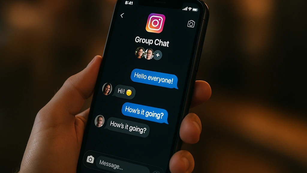 Créer un groupe sur Instagram : main tenant un smartphone avec l’interface des messages et un chat de groupe ouvert, symbolisant la création et la gestion de membres