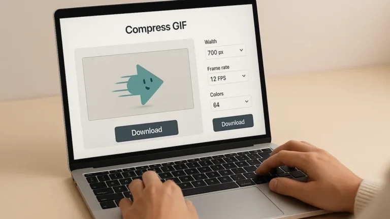 compresser un gif : mains sur clavier d’un laptop en train de réduire la taille d’une animation pour le web, interface claire en lumière douce
