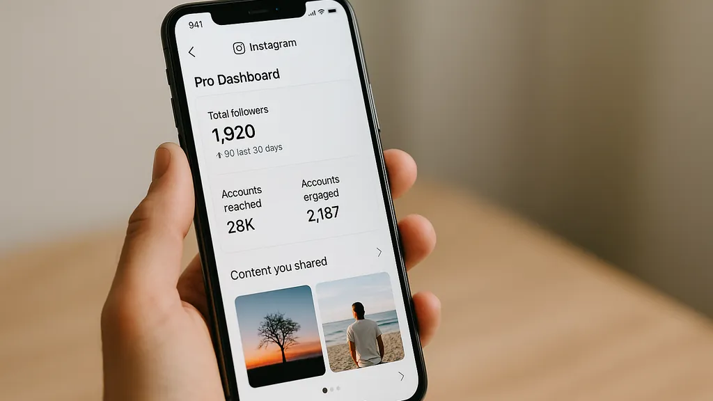 compte professionnel instagram : main tenant un smartphone affichant le tableau de bord pro instagram avec statistiques d’audience et portée, fond neutre lumineux