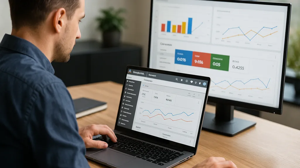 Consultant SEA analysant une campagne Google Ads sur un ordinateur portable avec tableaux de performance, CPC et ROAS, dans un bureau moderne lumineux