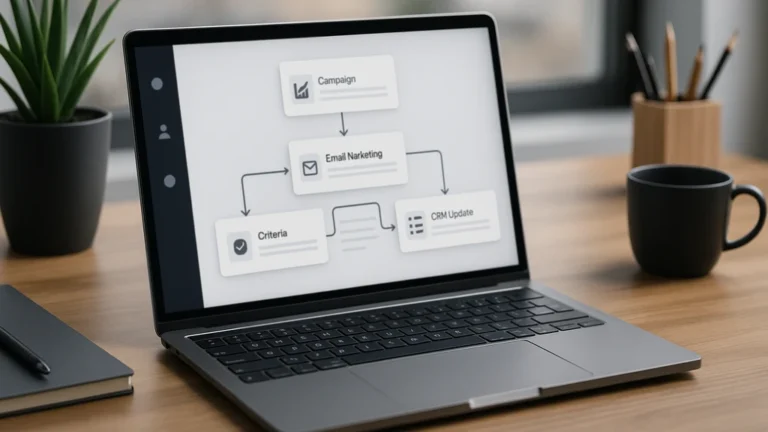 Ordinateur portable affichant un workflow d’automatisation marketing (Workflows, Chat, Agents, Brand Voice), illustrant la plateforme Copy.ai orientée go-to-market