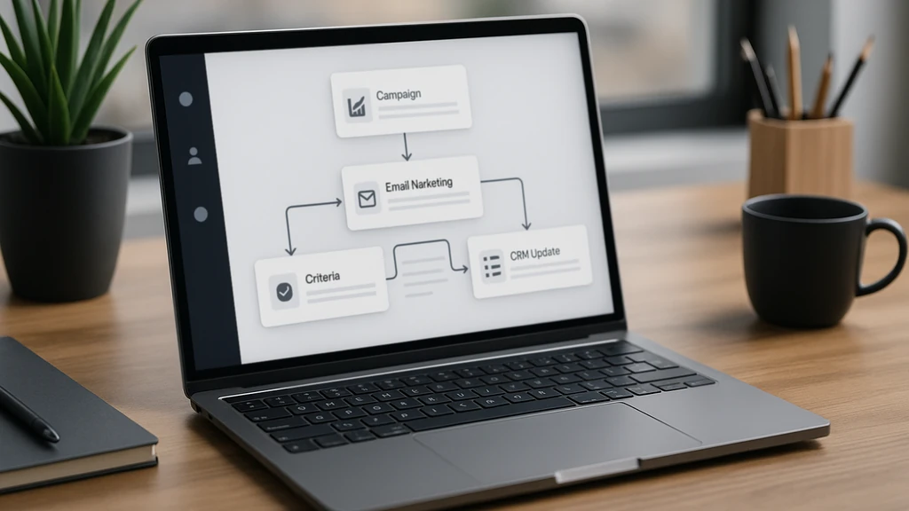 Ordinateur portable affichant un workflow d’automatisation marketing (Workflows, Chat, Agents, Brand Voice), illustrant la plateforme Copy.ai orientée go-to-market