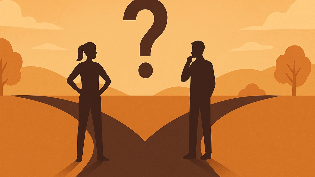 Jeu de dilemme : deux silhouettes à un carrefour, grand point d’interrogation, illustration sans texte pour soirée, classe ou team-building