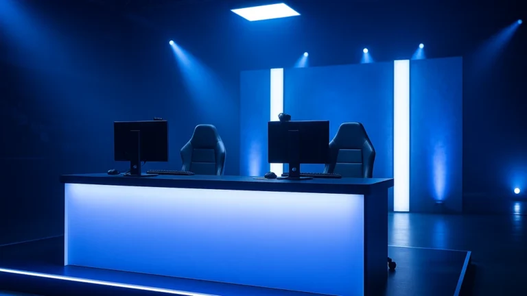 Scène d’esport vide évoquant la LFL Division 2 : desk de joueurs, moniteurs et fauteuils sous éclairage bleu, ambiance de match League of Legends prête à commencer.
