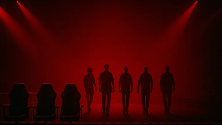 DVM, équipe française sur Valorant, exclue du circuit Challengers France en avril 2025 — silhouettes quittant une scène d’esport sous éclairage rouge, ambiance d’arène vide.