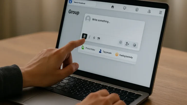 mettre du texte en gras sur facebook : main qui appuie sur l’icône B dans l’éditeur d’un groupe facebook sur un ordinateur portable, interface claire et fond bois