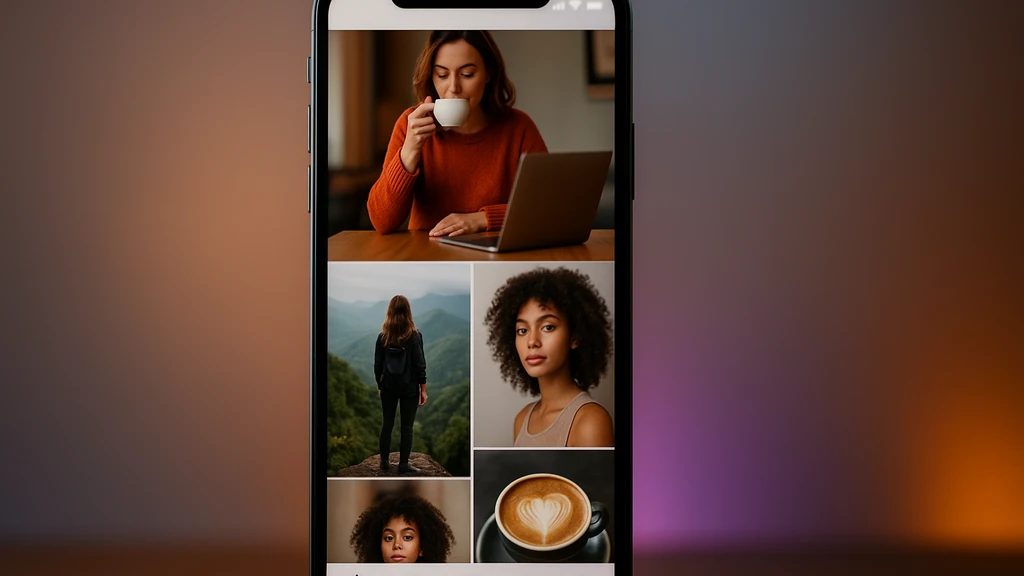 Smartphone affichant un fil de photos vertical façon feed Instagram, posé sur un bureau avec fond flou lumineux, illustration de l’algorithme du feed Instagram en 2025.