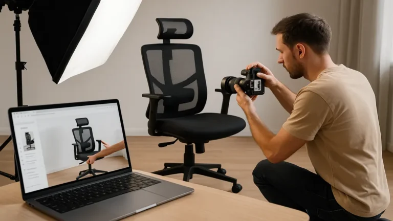 fiche produit seo : prise de vue produit e-commerce d'une chaise ergonomique sous éclairage studio, photographe qui capture les détails pour une fiche produit optimisée conversion