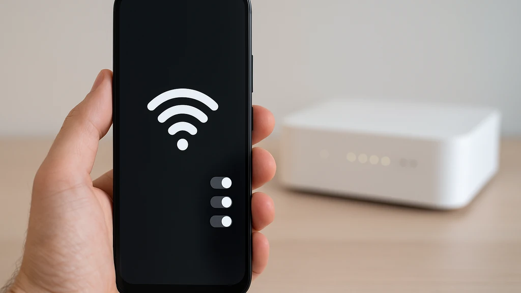 Smartphone affichant l’icône Wi-Fi au premier plan avec routeur Free flou en arrière-plan, illustrant le choix entre FreeWiFi, FreeWiFi_secure et Wi-Fi Freebox