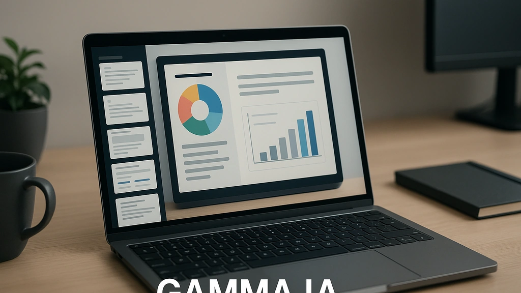 Gamma IA : interface de création de présentations avec graphiques et vignettes de slides sur un laptop, bureau moderne, éclairage neutre.