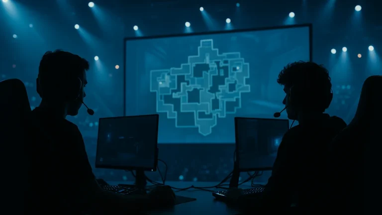 Gentle Mates VALORANT en scène esport : joueurs au PC face à un grand écran de carte tactique, ambiance bleutée — prochain match, roster et VCT EMEA