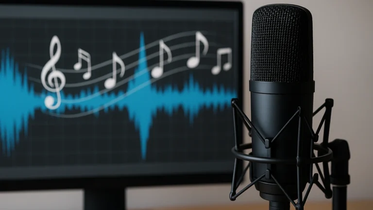 IA qui chante un texte : micro de studio avec forme d’onde affichée sur écran, ambiance neutre, setup audio réaliste.