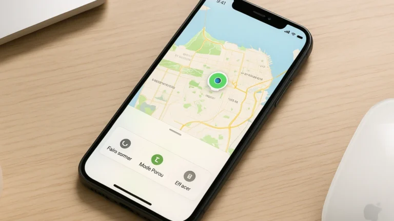 Localiser un iPhone avec iCloud : carte ouverte avec options Faire sonner, Mode Perdu et Effacer, smartphone posé sur un bureau, éclairage neutre.