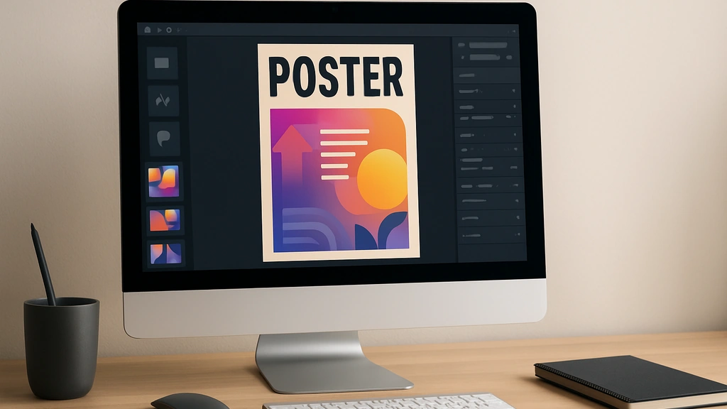 Ideogram AI : écran d’ordinateur affichant une maquette d’affiche typographique (sans texte lisible), bureau moderne, éclairage neutre.