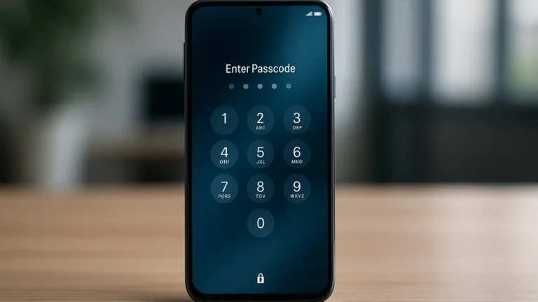 Écran de verrouillage d’un smartphone Samsung demandant un code PIN oublié, posé sur une table, illustration de la réinitialisation d’usine et du déblocage officiel en 2025.