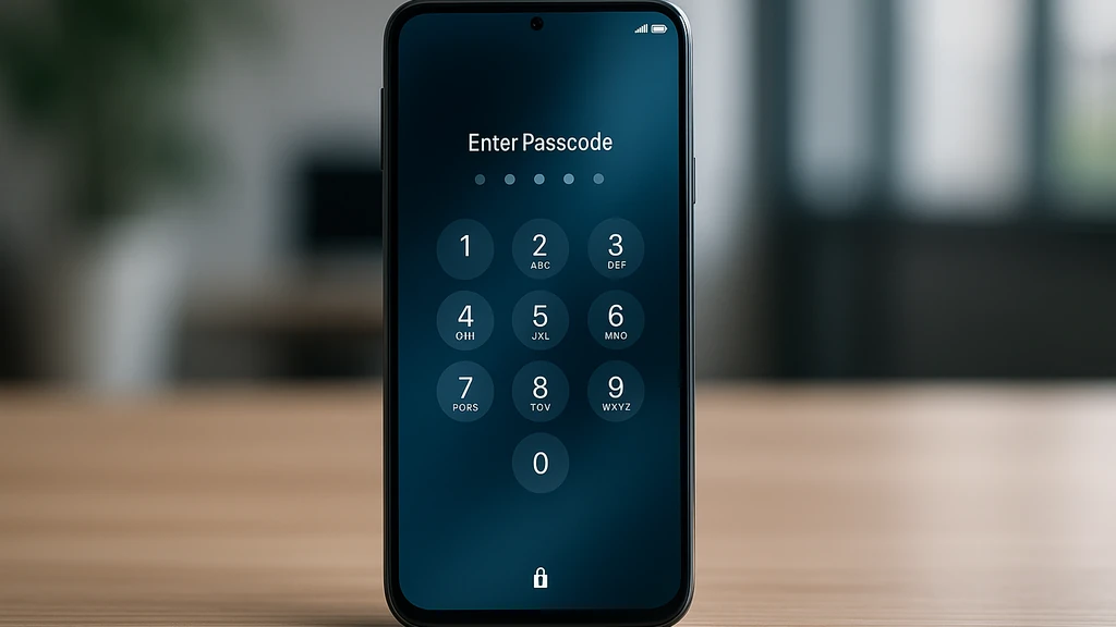 Écran de verrouillage d’un smartphone Samsung demandant un code PIN oublié, posé sur une table, illustration de la réinitialisation d’usine et du déblocage officiel en 2025.