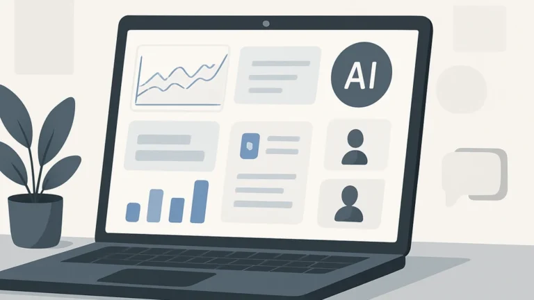 Ordinateur portable affichant un tableau de bord marketing alimenté par l’IA, symbolisant Brand Voice, Knowledge/Jasper IQ et création d’images pour campagnes multicanales.