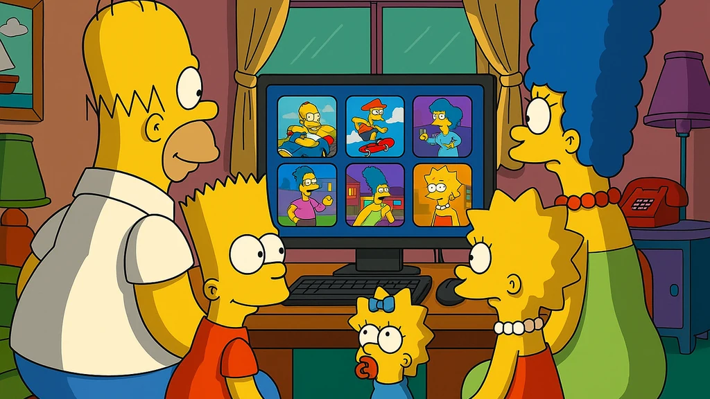 Mini-jeux des Simpson en ligne — la famille réunie dans le salon devant un ordinateur affichant des jeux gratuits