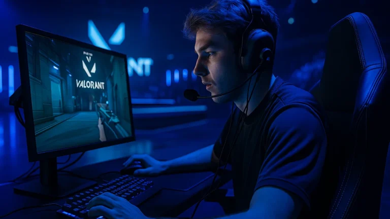 Joueur concentré sur Valorant en scène e-sport bleue, ambiance rappelant la Karmine Corp — écran de jeu au premier plan