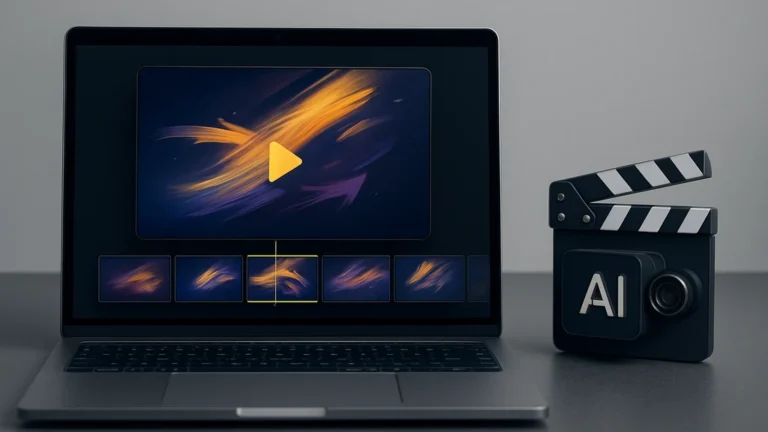 Ordinateur portable affichant une interface de génération vidéo avec timeline et aperçu, illustrant Kling AI (text-to-video, image-to-video) en 1080p 30 fps et versions 1.6, 2.1, 2.5 Turbo.