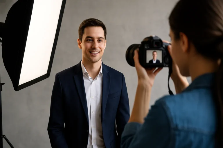 linkedin photoshoot professionnel : portrait en blazer devant softbox, photographe cadrant un headshot lumineux et propre pour photo de profil LinkedIn