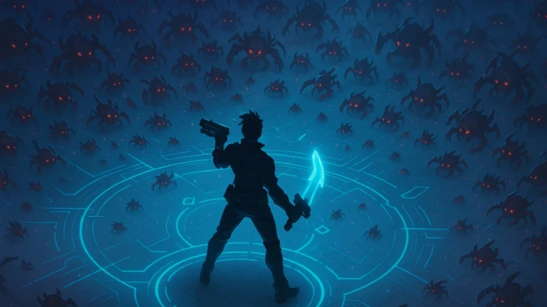 Guide Swarm League of Legends : héros seul face à une horde dans une arène futuriste