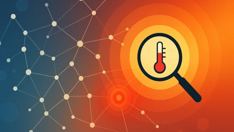 Cemantix : illustration des proximités sémantiques avec réseau de nœuds et gradient chaud/froid, symbolisant la montée de “température” vers le mot secret