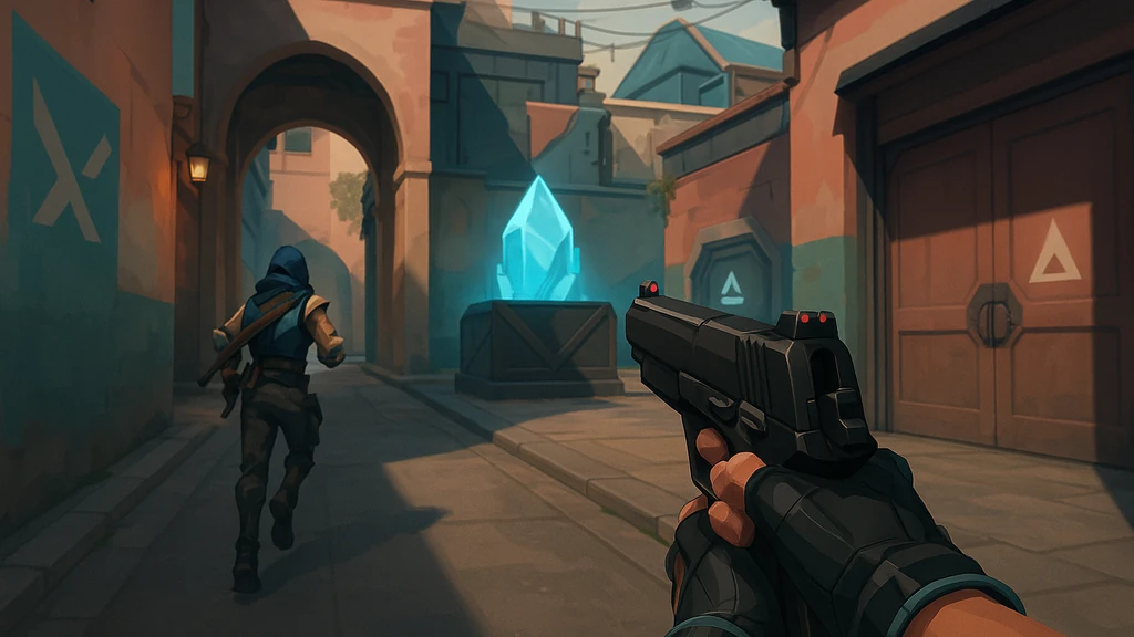 Scène valorant-like en vue FPS : coéquipier courant dans une ruelle stylisée, pistolet au premier plan, cristal lumineux au site