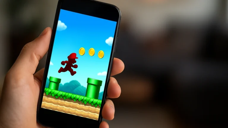 Super Mario Run sur Android : jeu free-to-start via Google Play, smartphone affichant un niveau coloré avec pièces et tuyaux, ambiance réaliste et lumineuse.