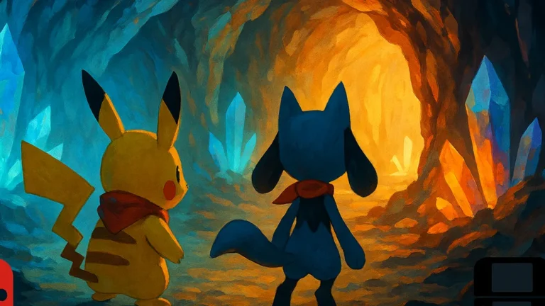 Méga Donjon Mystère : illustration d’exploration de grotte façon Pokémon, éclairage cristaux bleus/orangés, visuel 16:9 pour article comparatif Super Mystery Dungeon (3DS) vs Rescue Team DX (Switch), 2025.