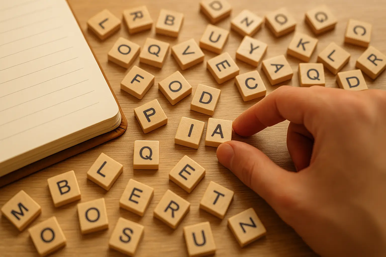 Main en gros plan qui aligne des lettres en bois de type Scrabble sur une table en bois clair, image symbolisant la recherche de mots qui se terminent par -ia.