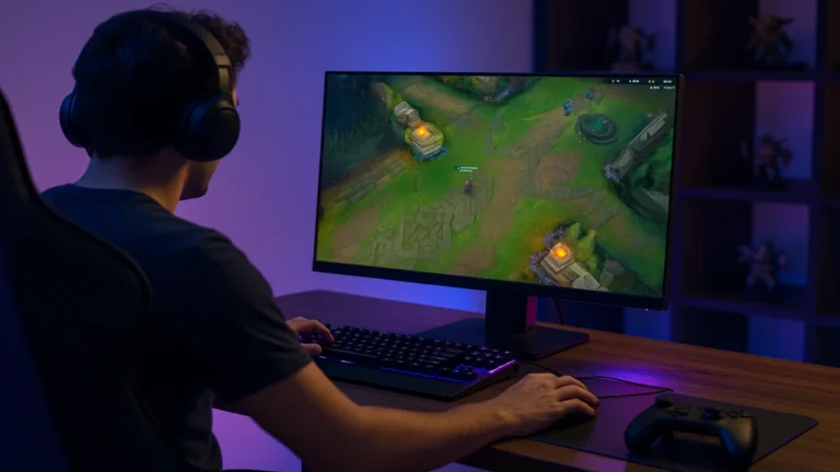 Setup de streaming évoquant Myrtus sur League of Legends — écran de jeu visible, éclairage RGB moderne, bureau net