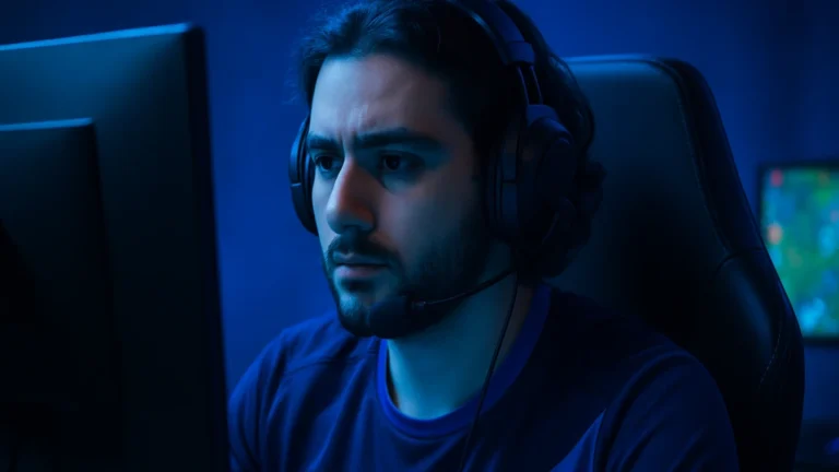 Midlaner e-sport concentré au casque dans un setup bleu, scène évoquant Nisqy chez Karmine Corp pendant le LEC Summer 2025, écran secondaire avec minimap visible