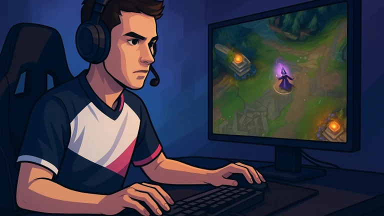 Nuc, midlaner de Team BDS en LEC — visuel 16:9 style e-sport montrant un joueur concentré devant la midlane et un mage de contrôle, illustration pour fiche biographie, statistiques et champion pool.