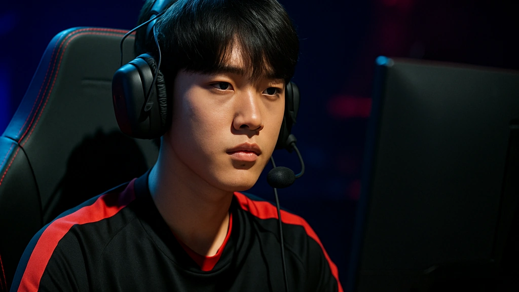 Oner, jungler de T1, en plein match : regard concentré, casque micro, éclairage rouge et bleu — référence LCK 2025 et performances internationales.