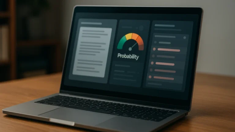 Ordinateur portable affichant un tableau de détection de contenu et un module de plagiat (sans texte lisible), illustrant Originality.ai en 2025 pour détection IA et vérification de plagiat
